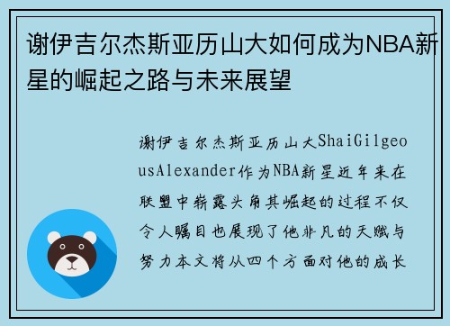 谢伊吉尔杰斯亚历山大如何成为NBA新星的崛起之路与未来展望